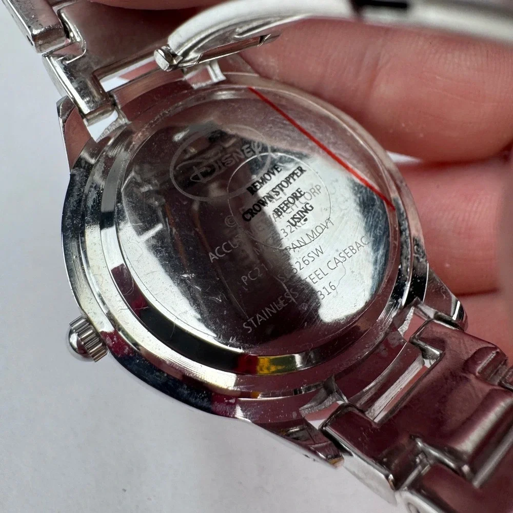 Disney Mickey Mouse Silver Watch Diamonds Accutime Stainless NEEDS Battery